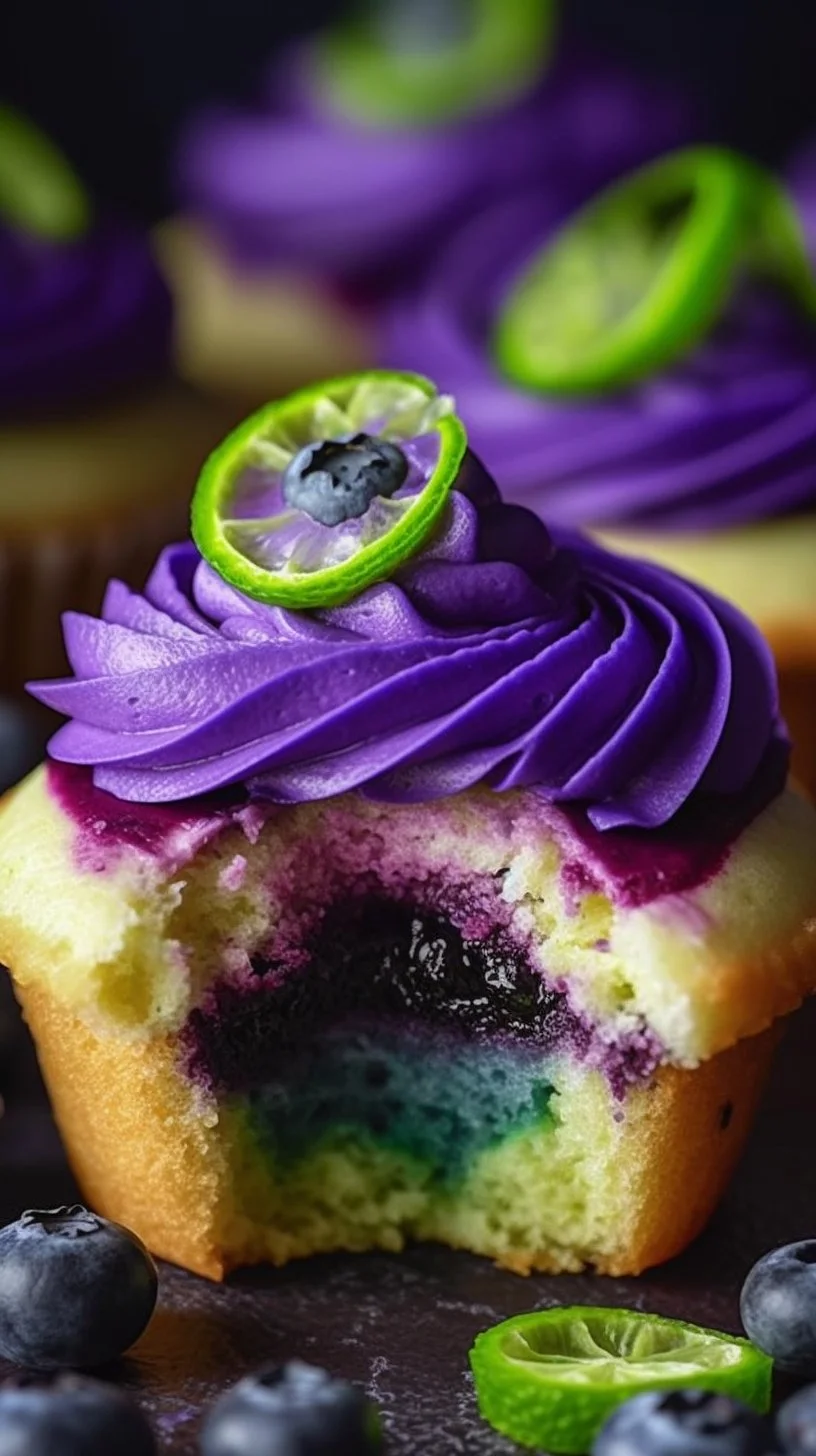 Delicious blueberry lime cheesecake cupcakes topped with fresh blueberries.