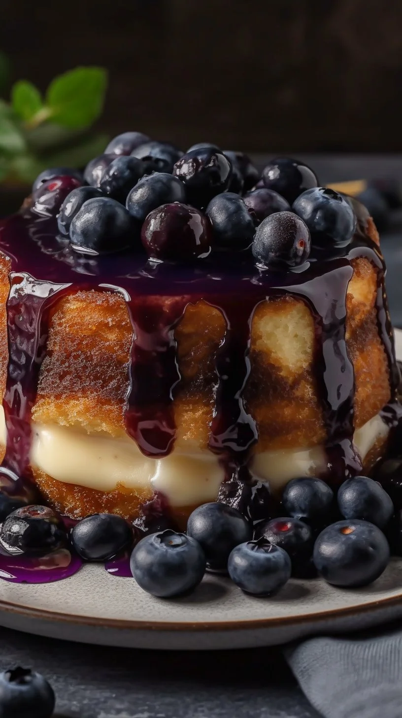 Delicious blueberry malva pudding served in a bowl with fresh berries on top.