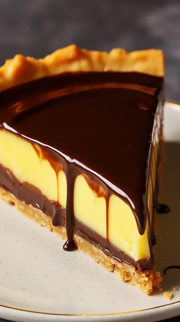 Boston Cream Pie Cheesecake topped with chocolate and vanilla custard