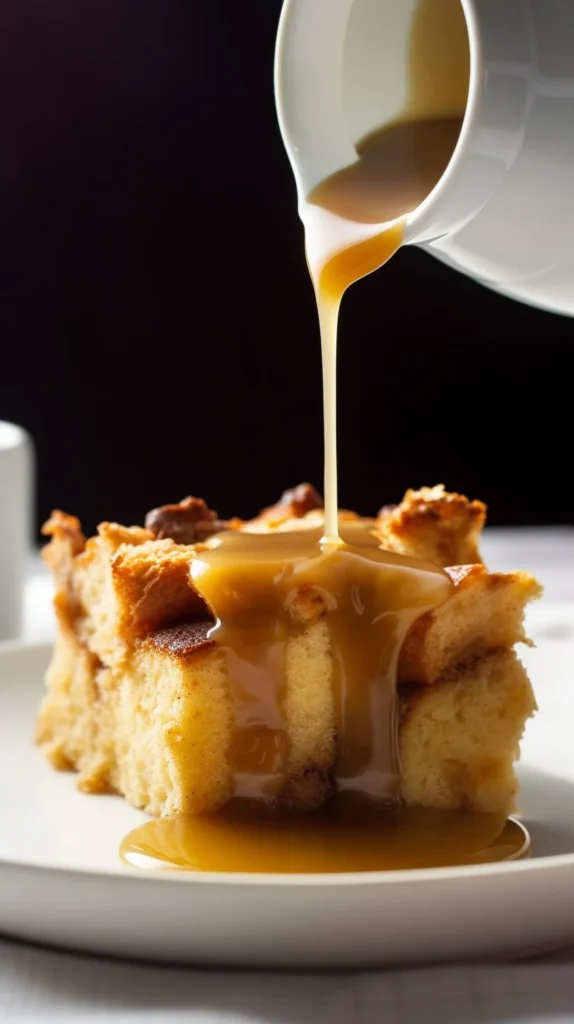 Delicious bread pudding with rich caramel sauce served in a dessert dish