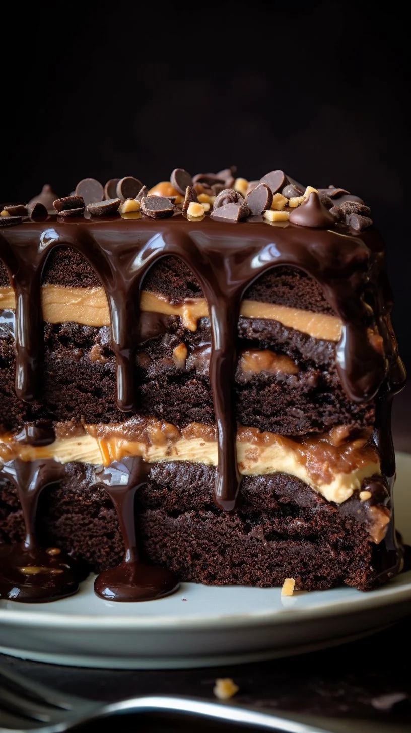 Decadent Brownie Cookie Dough Cake topped with chocolate frosting and cookie dough