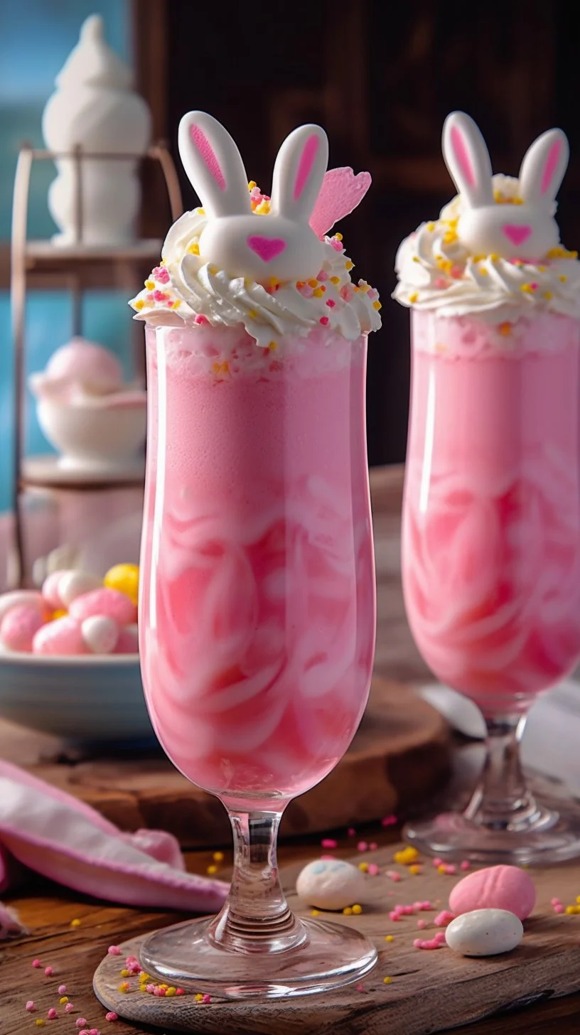 Colorful Bunny Punch drink in a fun glass garnished with fruits.