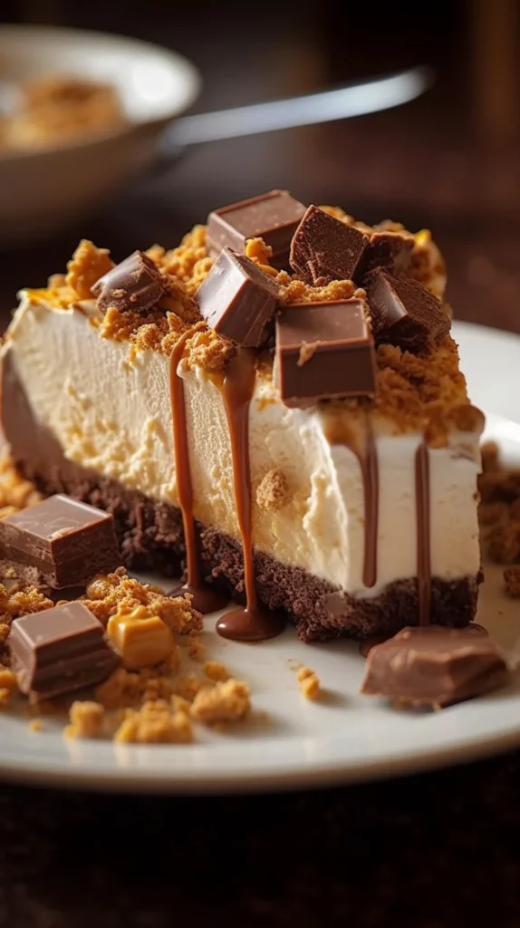 Delicious Butterfinger Pie topped with crushed Butterfinger candies and whipped cream.