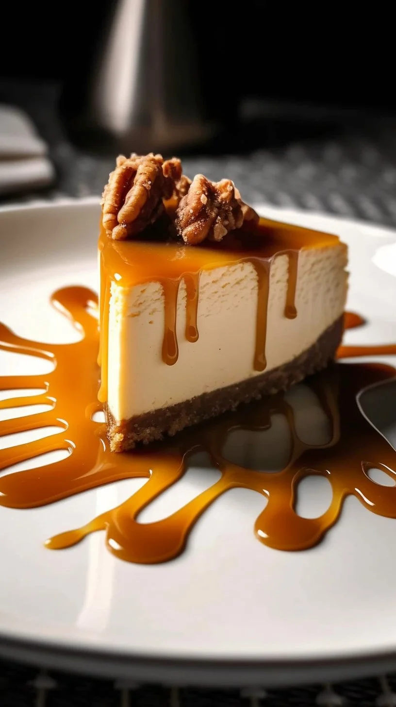 Delicious butterscotch cheesecake slices on a plate with caramel drizzle