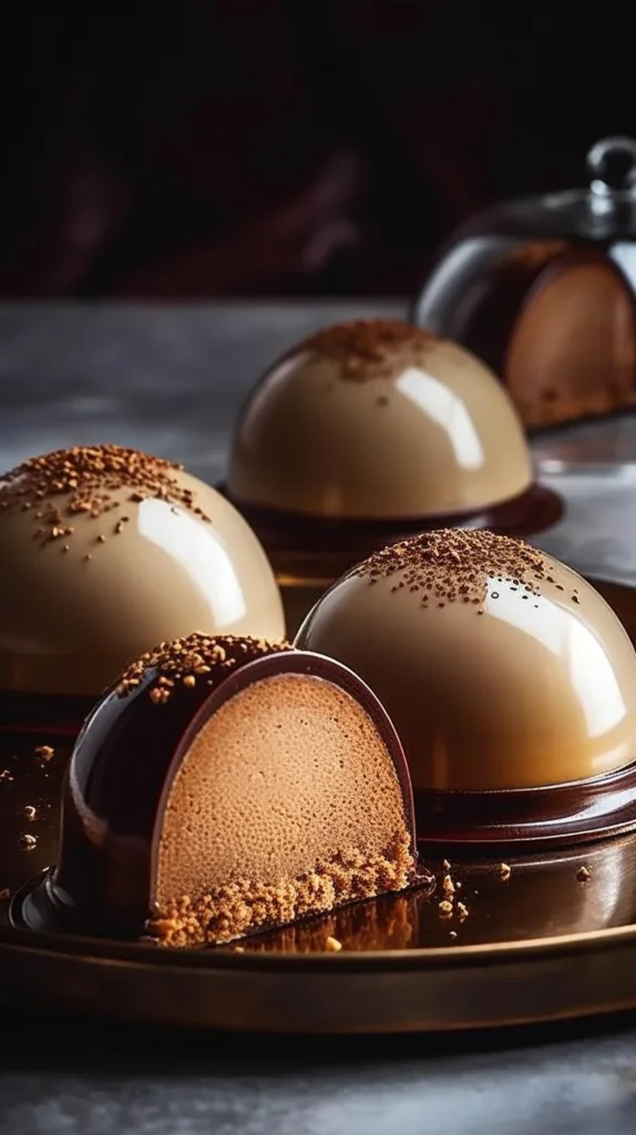 Gingerbread coffee mousse domes on a buttery cookie base served in a café-style setting.