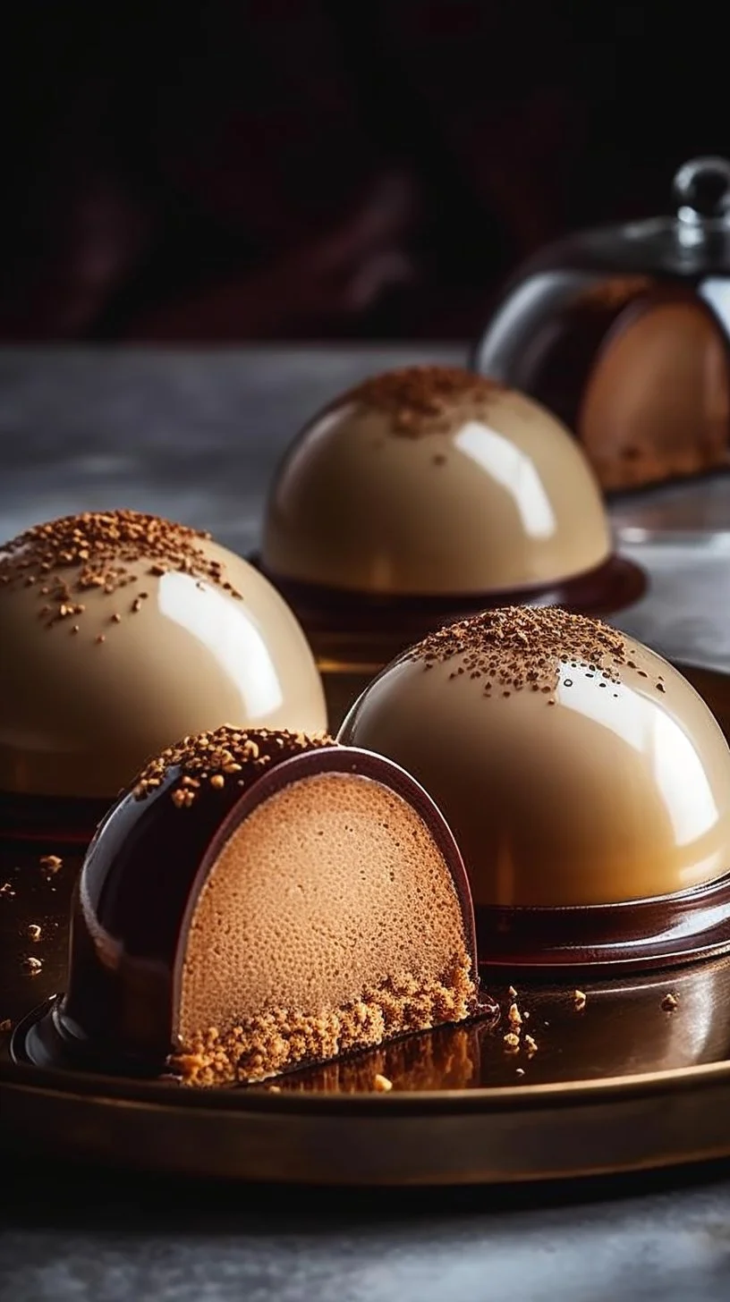 Gingerbread coffee mousse domes on a buttery cookie base served in a café-style setting.