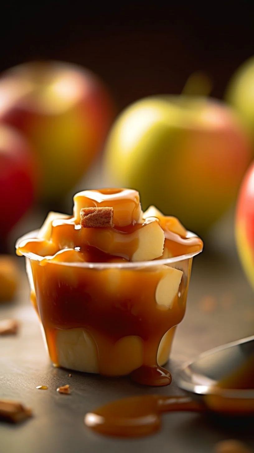 Delicious caramel apple dessert cups topped with whipped cream and caramel drizzle.