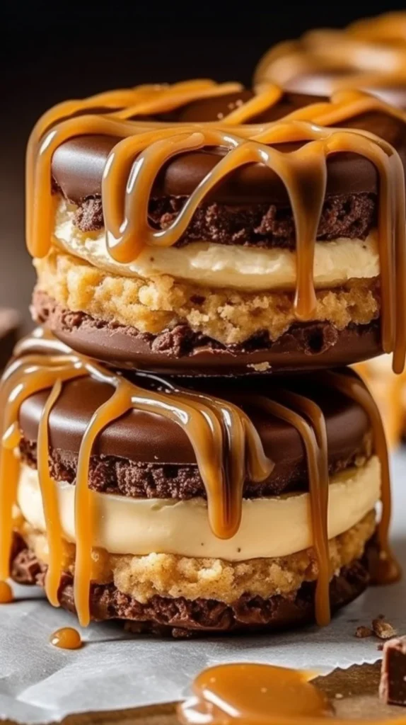 Delicious Caramel Cheesecake Cookies with creamy filling and caramel drizzle on top.