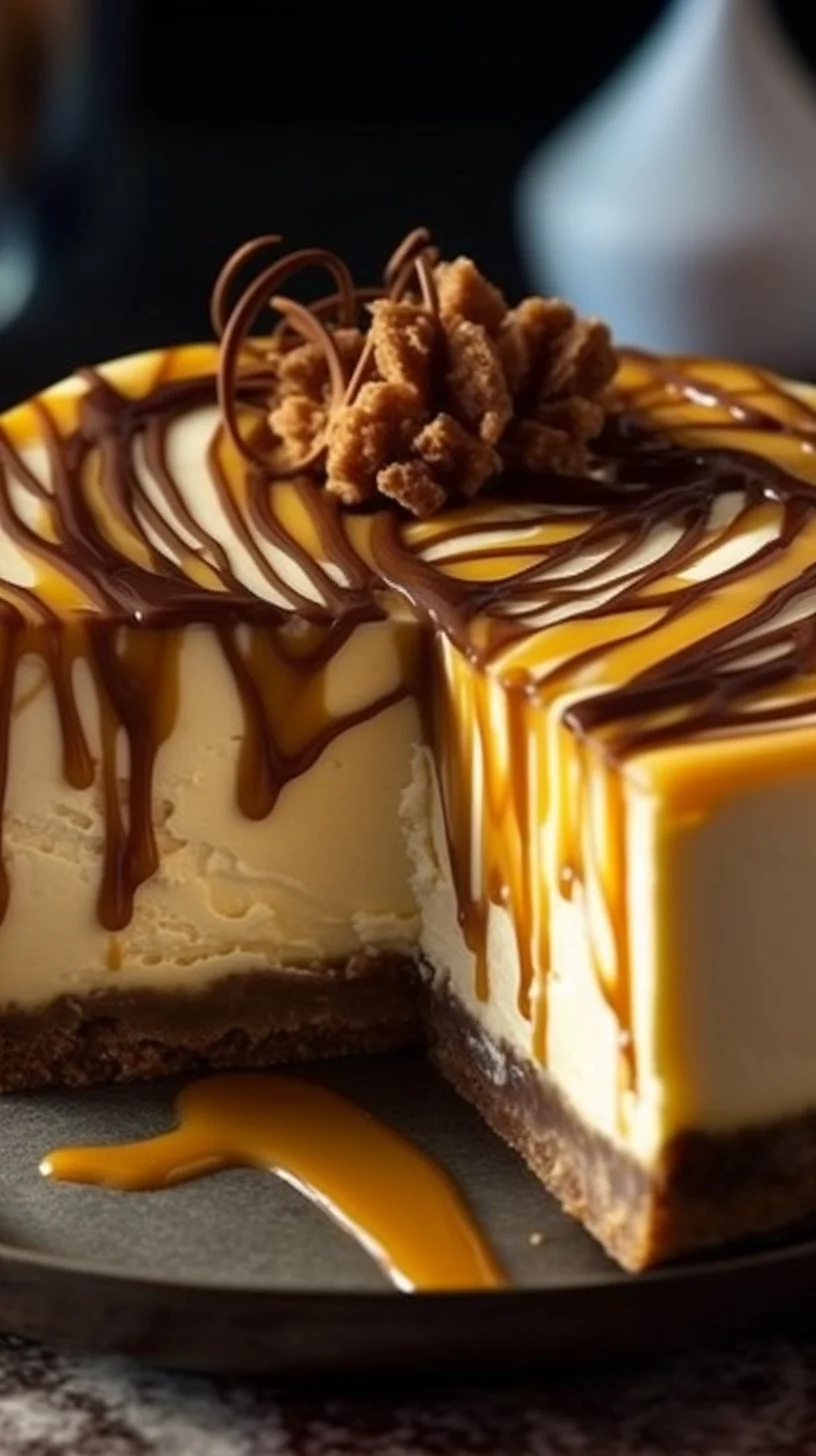 Delicious Caramel Chocolate Coffee Cheesecake topped with caramel drizzle and chocolate shavings.