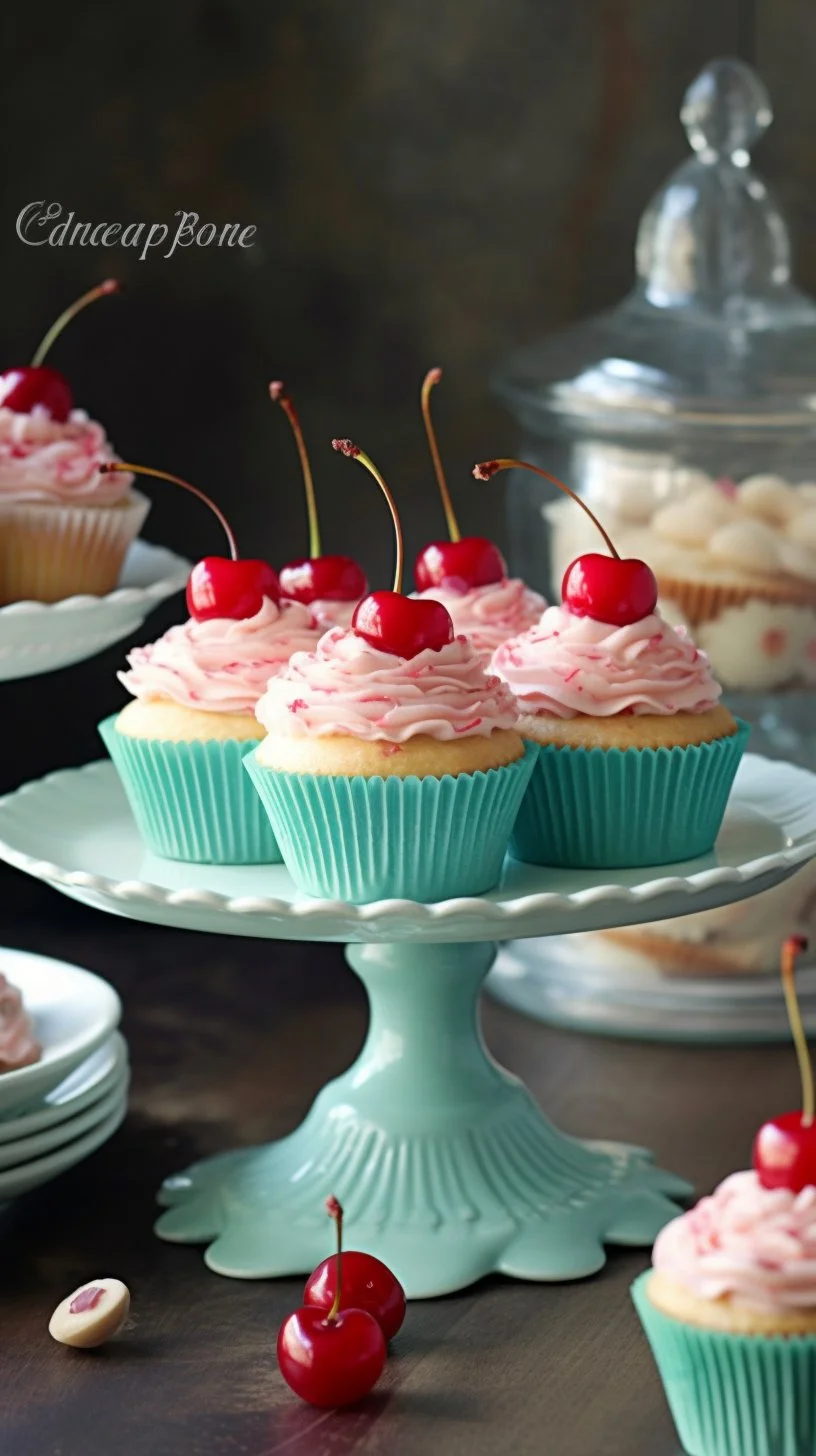 Delicious Cherry Almond Cupcakes topped with cherry frosting and almond sprinkles