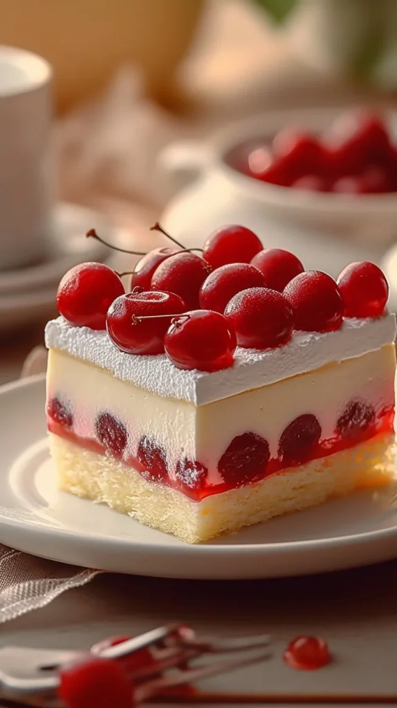 Delicious Cherry Angel Cloud Cake topped with fresh cherries and whipped cream.