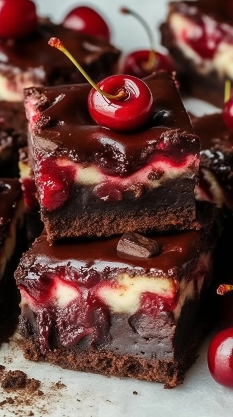 Delicious Cherry Cheesecake Brownies topped with cherry sauce and cream cheese