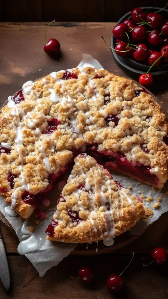 Cherry Dessert Pizza topped with fresh cherries and sweet cream