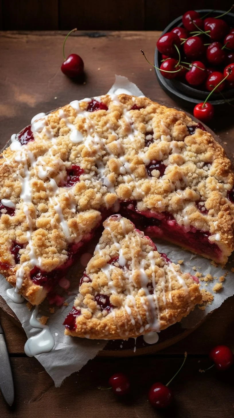Cherry Dessert Pizza topped with fresh cherries and sweet cream