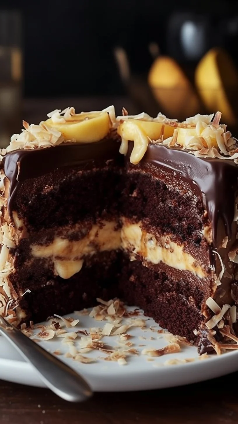 Deliciously moist Chocolate Banana Cake topped with chocolate frosting and banana slices.