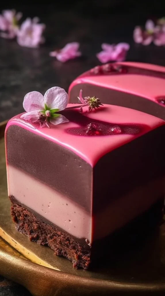 Delicious chocolate brownies drizzled with raspberry ganache on a white plate