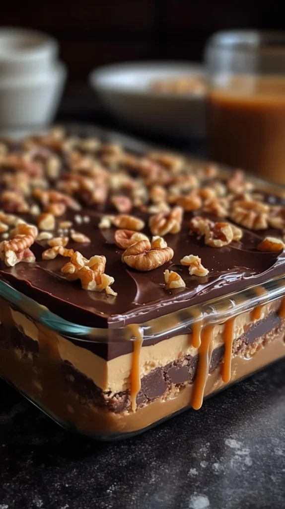 Chocolate caramel rice bars with crispy rice texture and rich caramel flavor