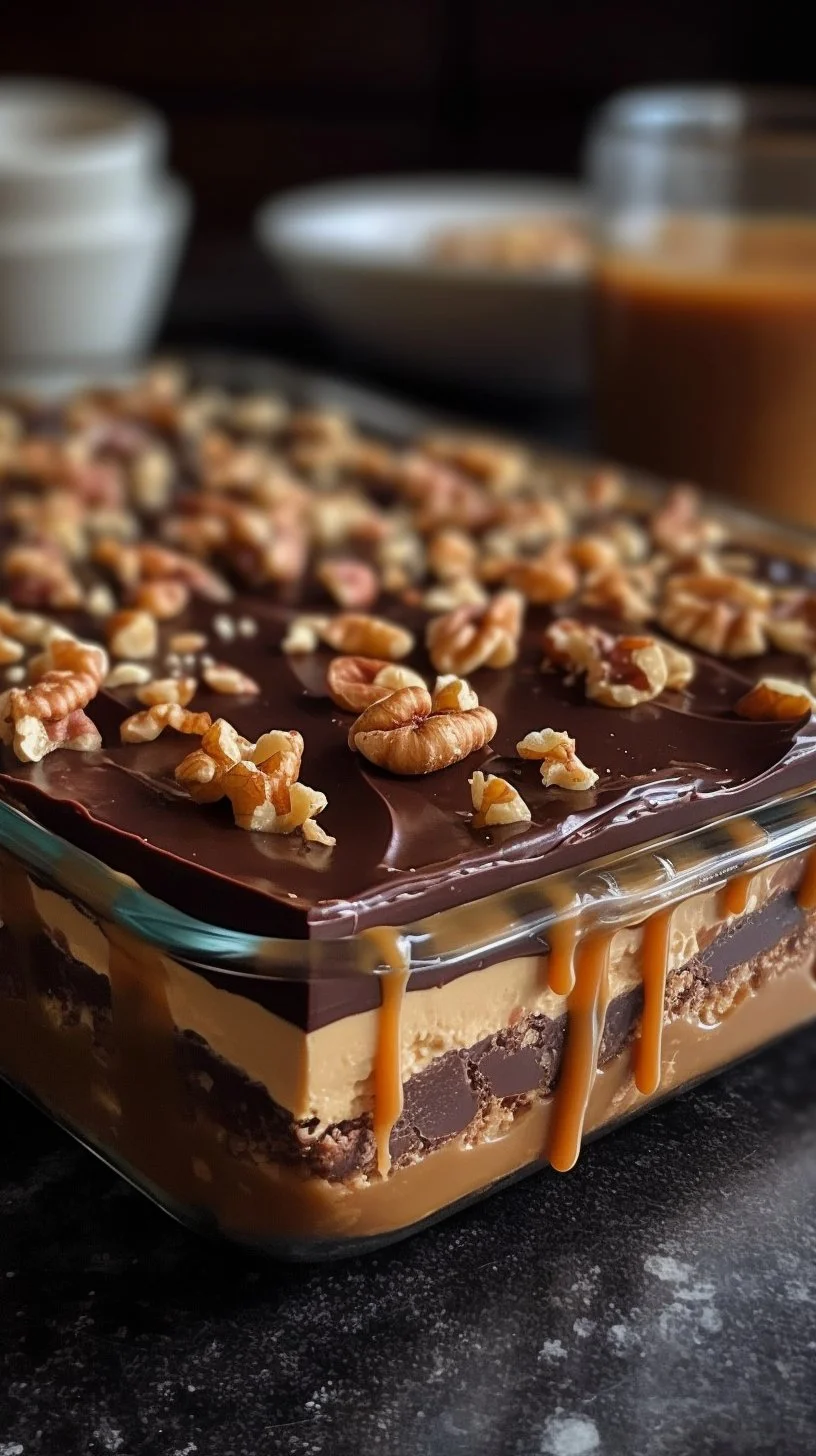 Chocolate caramel rice bars with crispy rice texture and rich caramel flavor