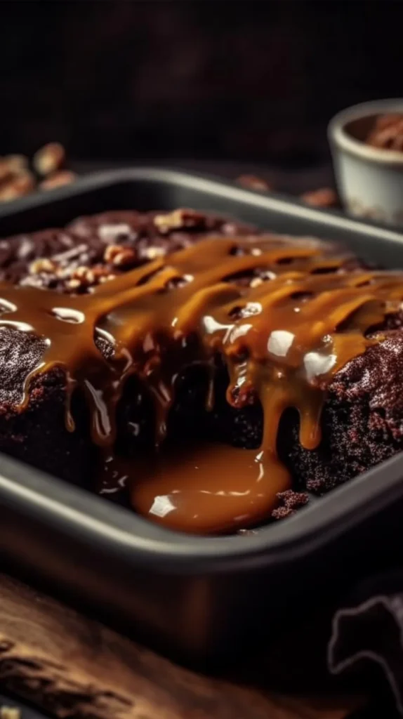 Delicious Chocolate Caramel Dump Cake topped with chocolate and caramel drizzle
