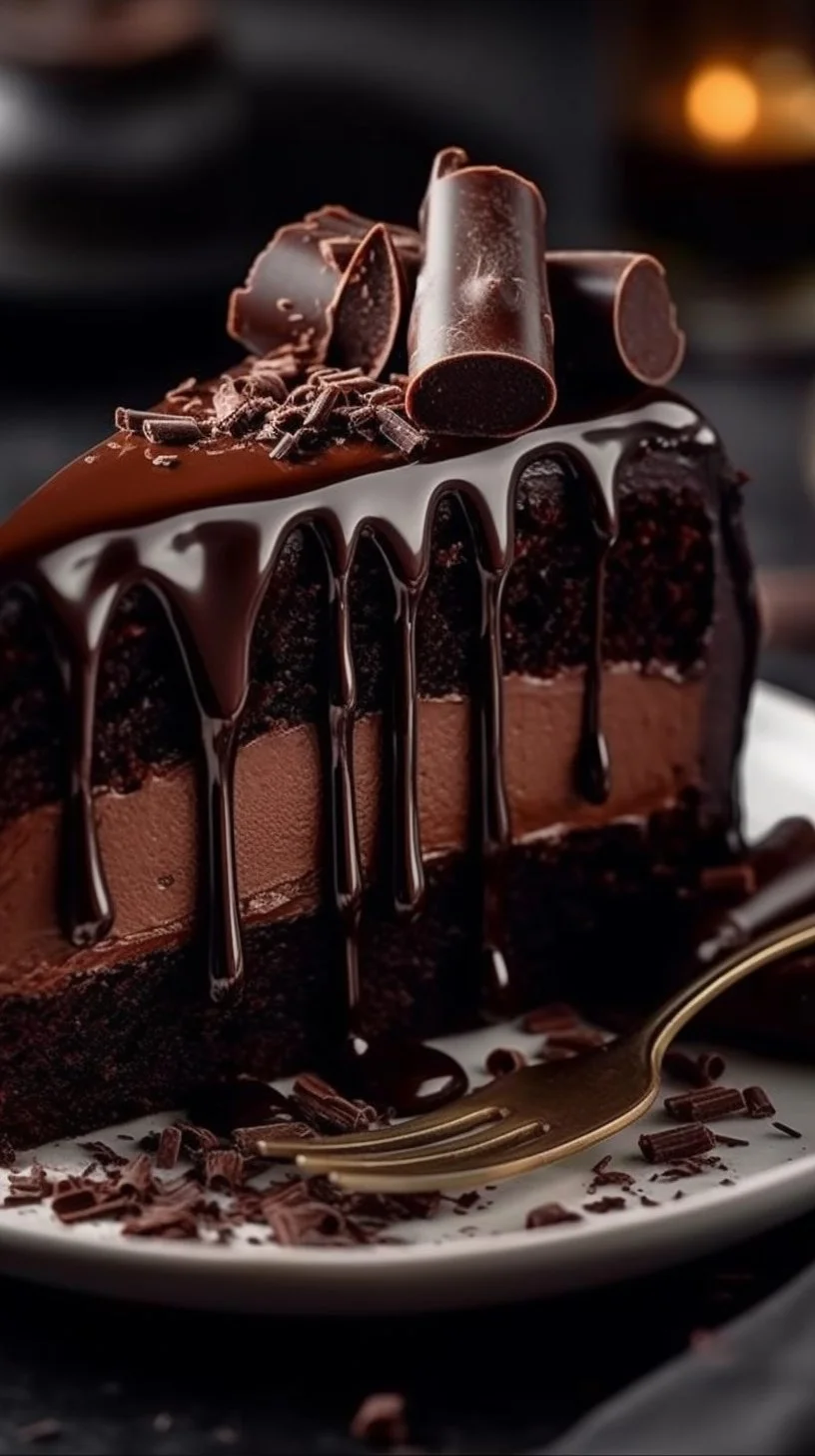 Delicious slice of chocolate cheesecake with a chocolate drizzle and berries