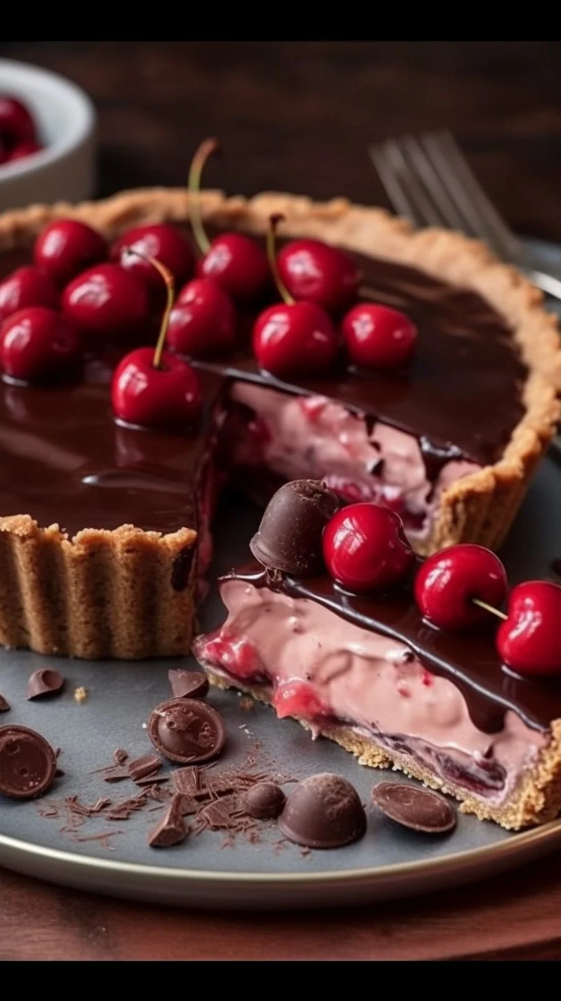 Delicious chocolate cherry pie slice with cherries and chocolate drizzle