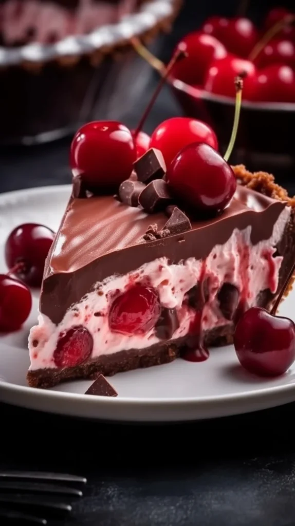 Delicious no-bake Chocolate Cherry Pie dessert with a rich chocolate filling and cherry topping.