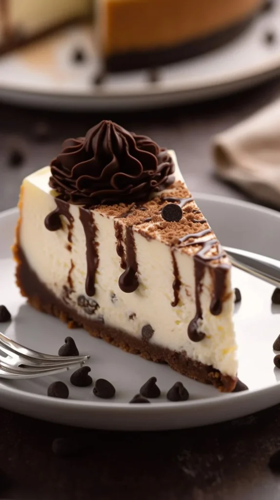 Slice of creamy chocolate chip cheesecake on a plate