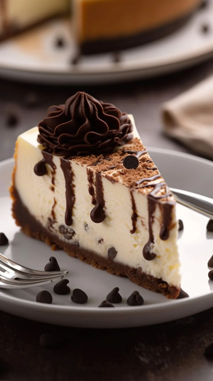 Slice of creamy chocolate chip cheesecake on a plate