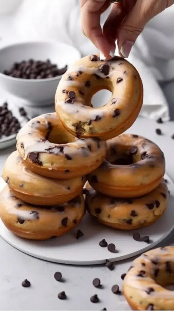 Freshly baked chocolate chip donuts on a cooling rack
