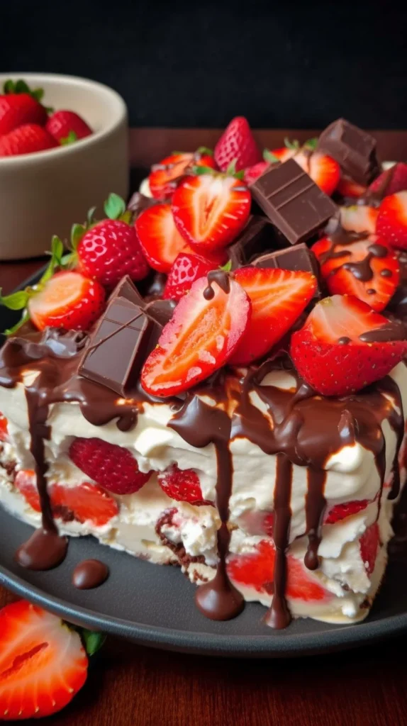 Delicious Chocolate Covered Strawberry Poke Cake with strawberries on top