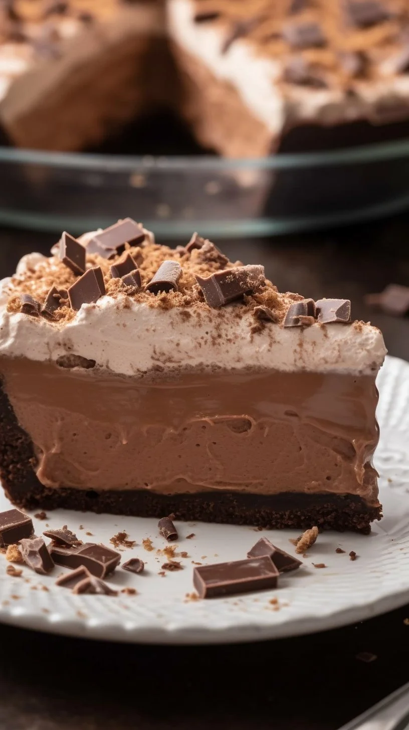 Delicious slice of homemade Chocolate Cream Pie topped with whipped cream