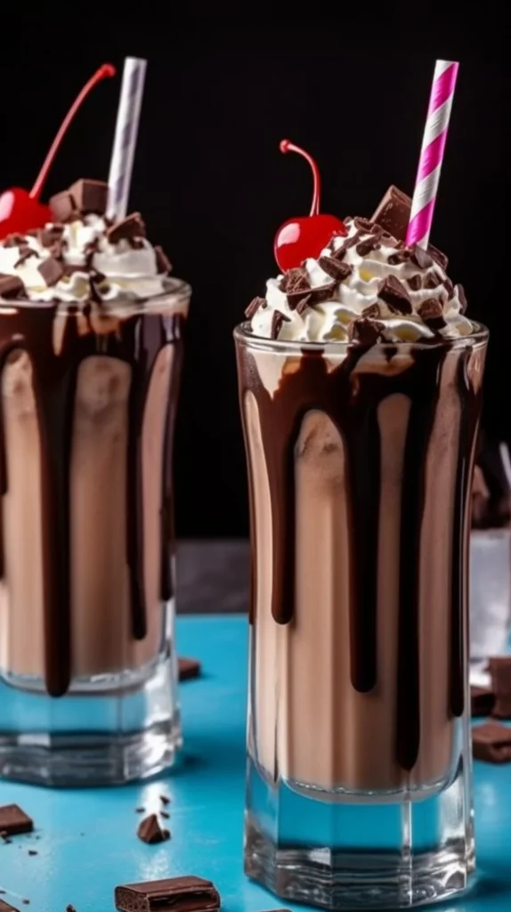 Delicious chocolate milkshake topped with whipped cream and chocolate syrup
