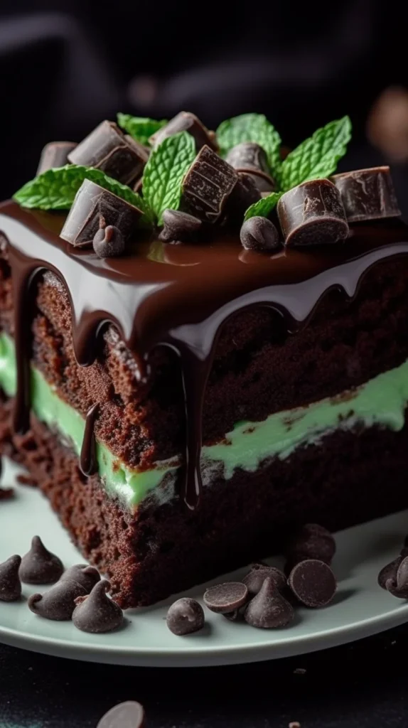 Chocolate Mint Poke Cake drizzled with chocolate and topped with mint frosting.