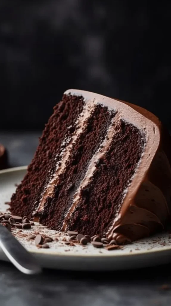 Delicious Chocolate Mousse Fudge Cake topped with chocolate shavings