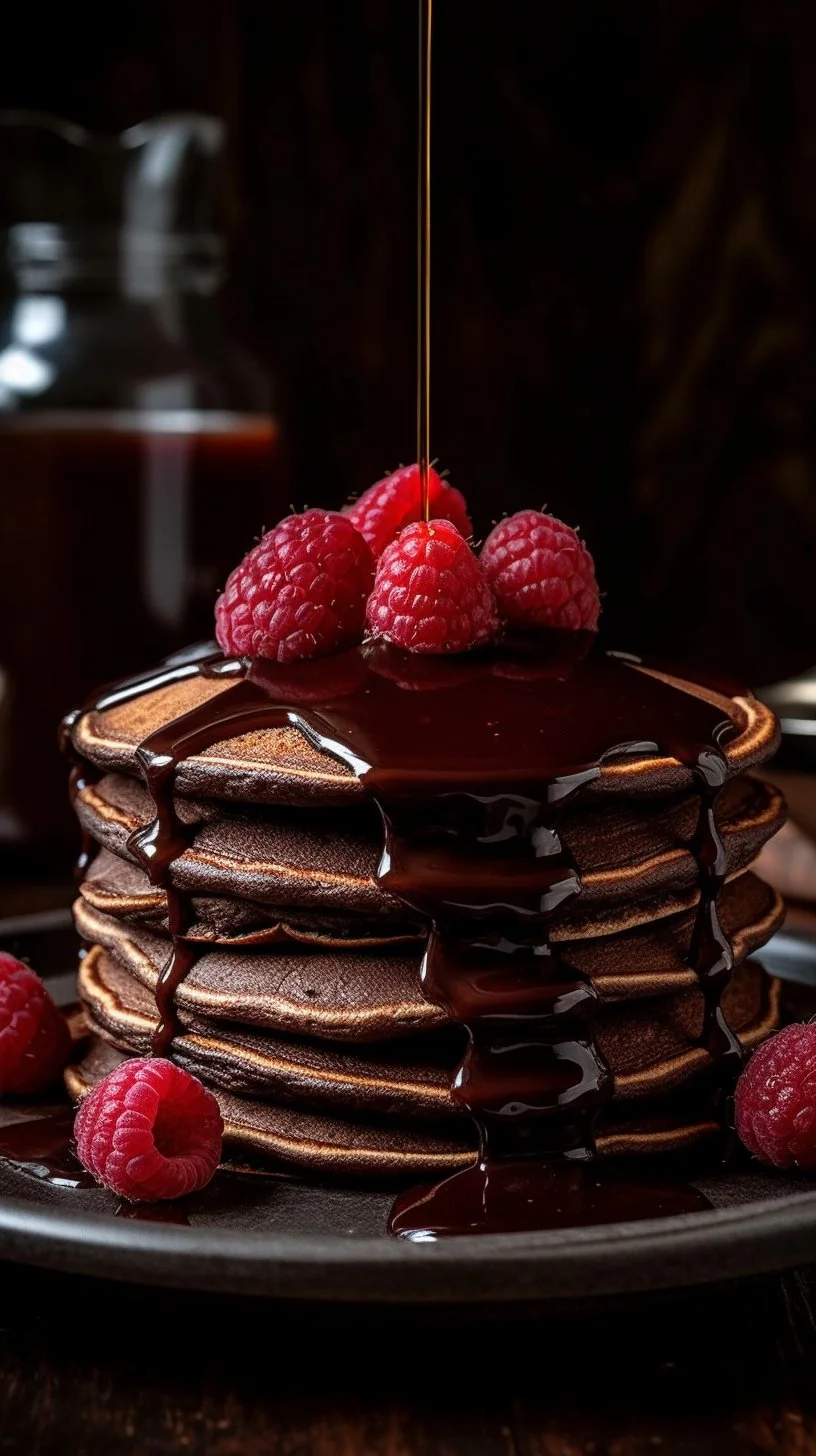Delicious stack of chocolate pancakes topped with whipped cream and chocolate sauce