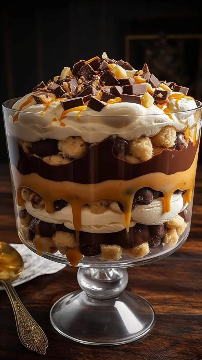 Chocolate Peanut Butter Banana Cream Trifle served in a glass dessert dish