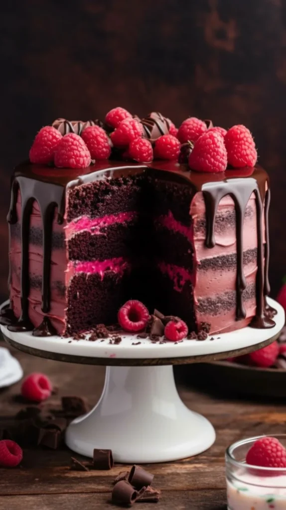 A delectable Chocolate Raspberry Cake topped with fresh raspberries and chocolate drizzle.