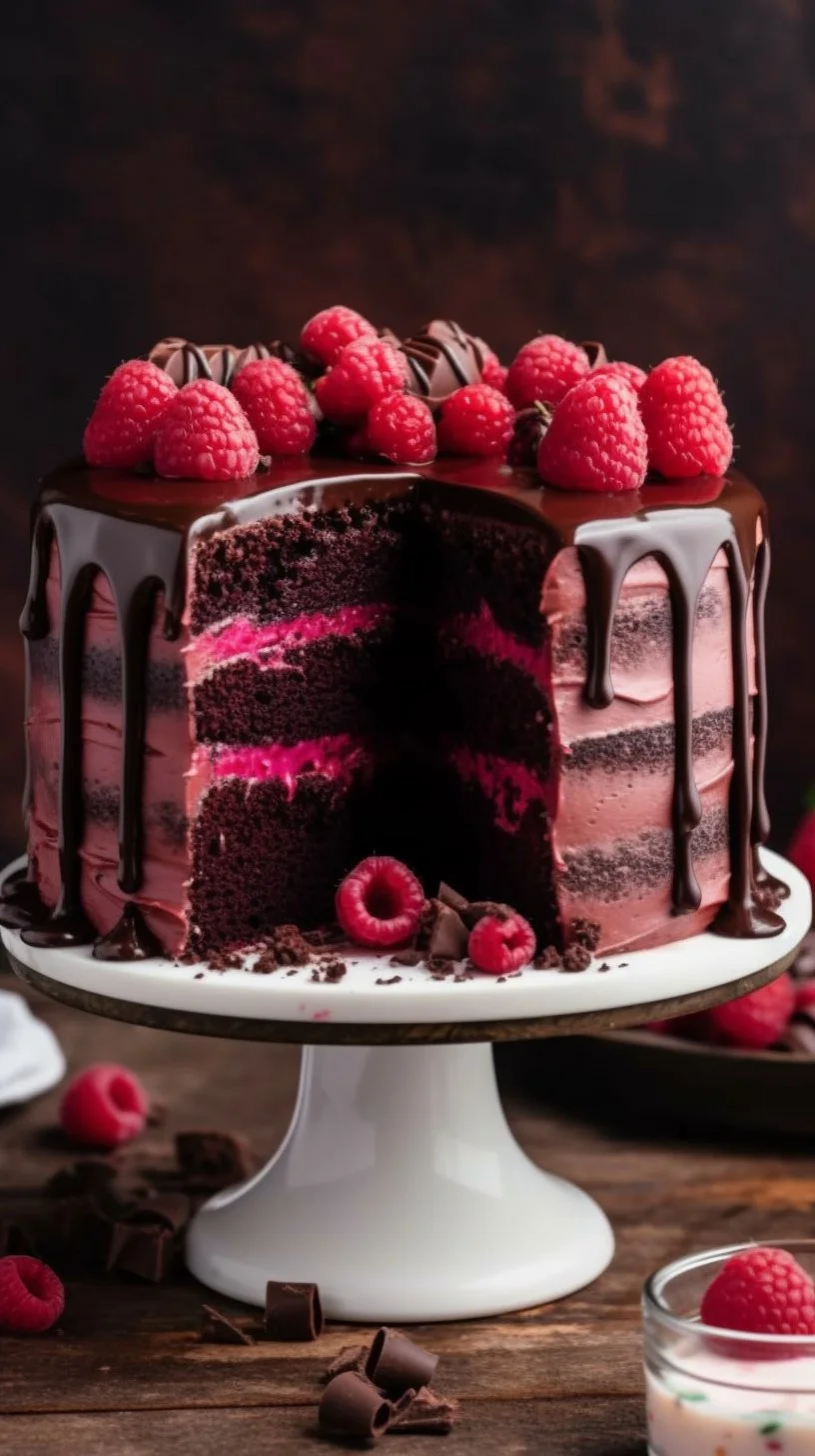 A delectable Chocolate Raspberry Cake topped with fresh raspberries and chocolate drizzle.