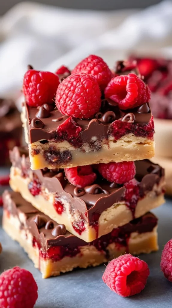 Chocolate Raspberry Crumb Bars with chocolate drizzle and fresh raspberries