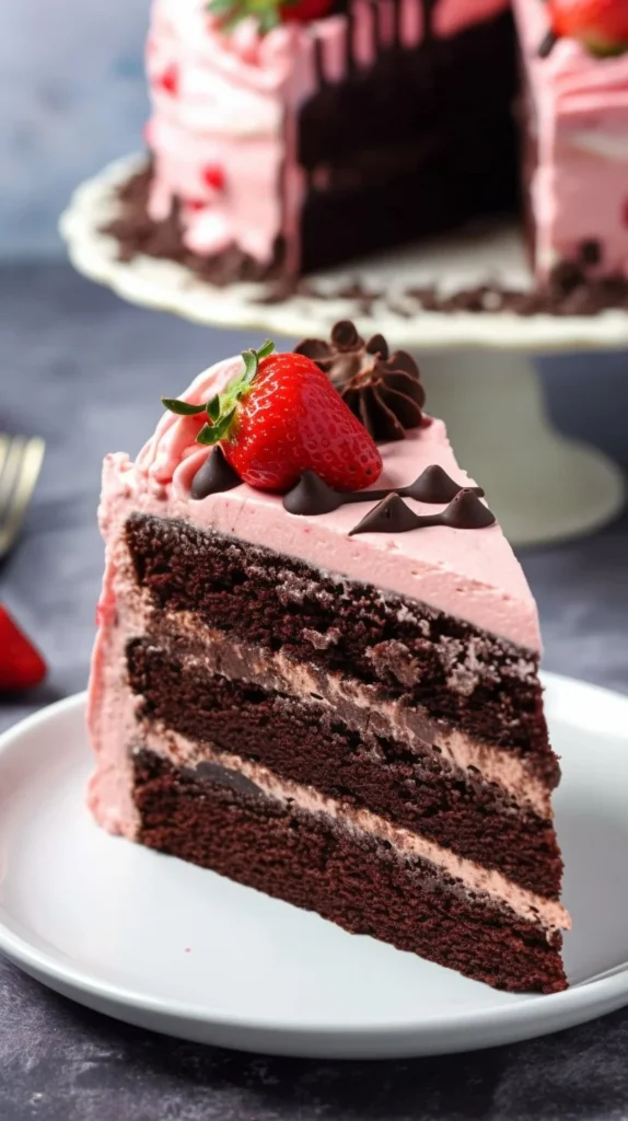 Delicious Chocolate Strawberry Cake with fresh strawberries and rich chocolate frosting