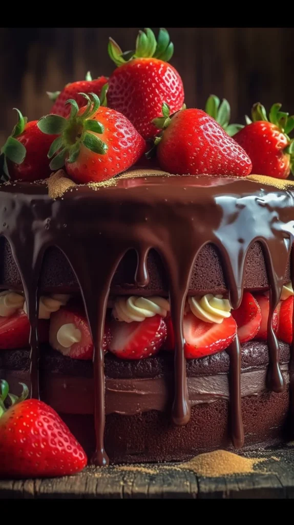 Delicious sliced chocolate strawberry cake with fresh strawberries on top