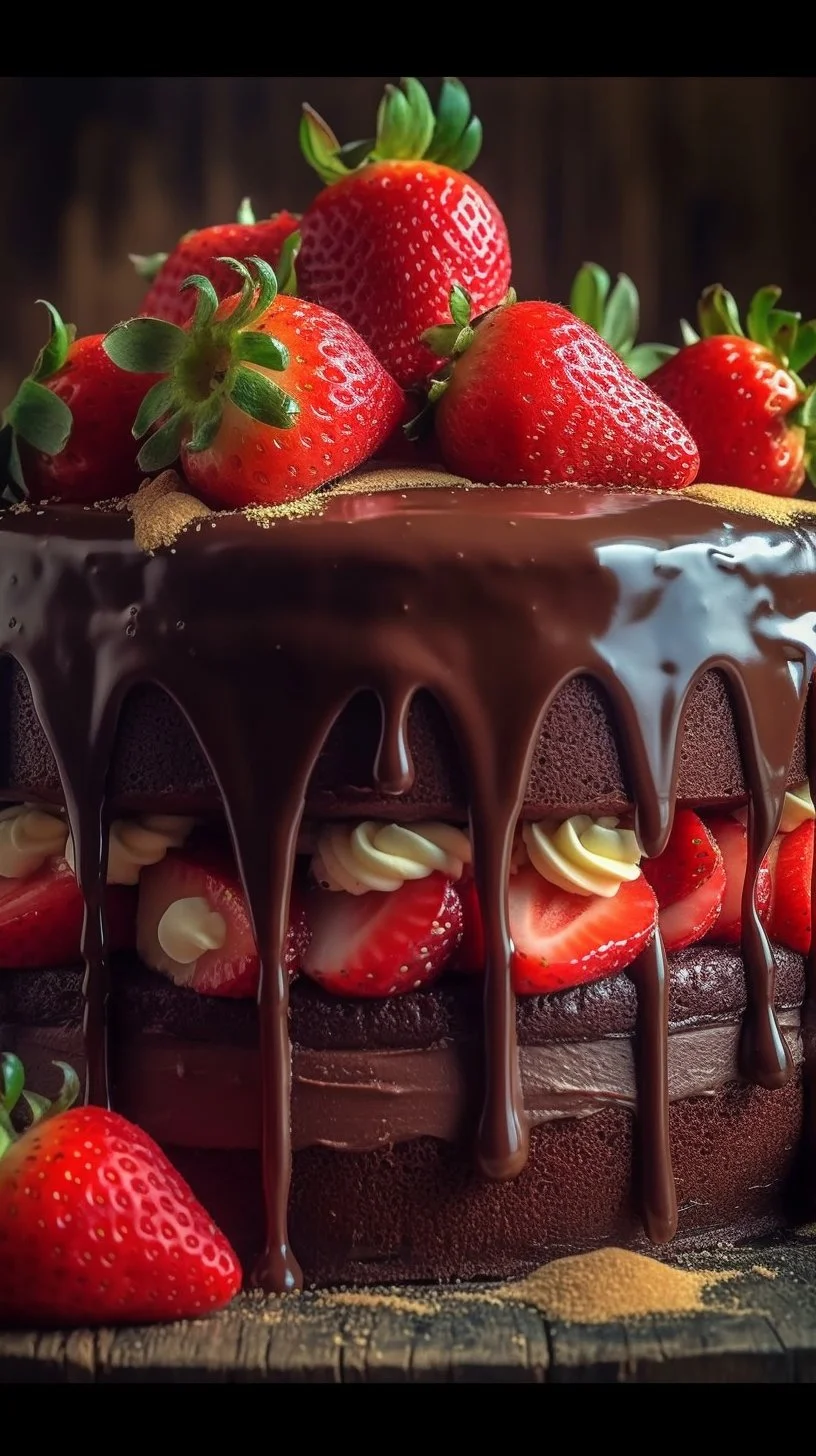 Delicious sliced chocolate strawberry cake with fresh strawberries on top