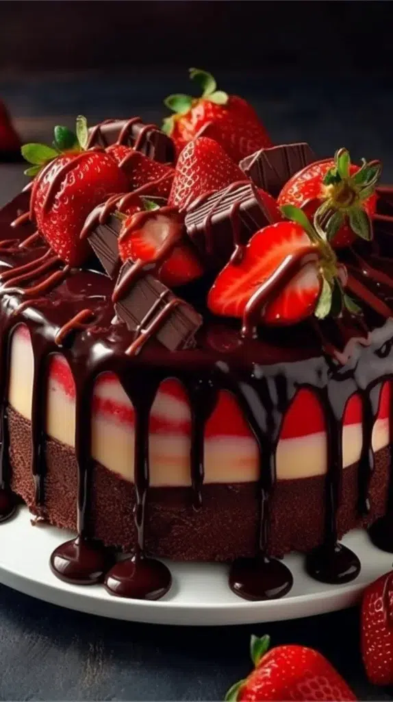 Delicious Chocolate Strawberry Cheesecake topped with fresh strawberries