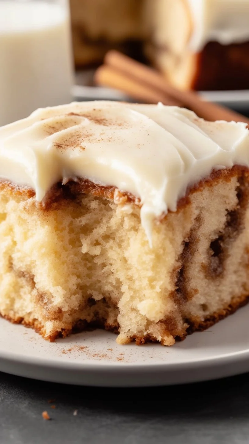 Deliciously moist Cinnamon Poke Cake topped with cream and cinnamon sprinkles