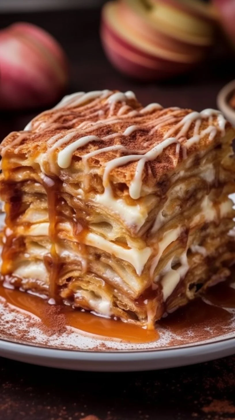 Delicious cinnamon roll apple lasagna topped with cinnamon and apples