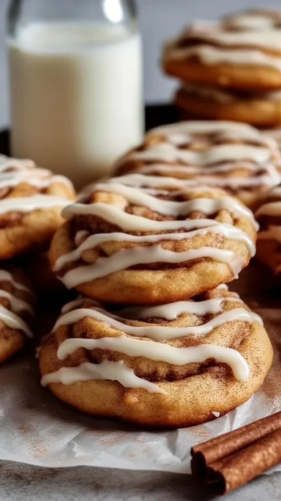 Cinnamon roll cheesecake cookies drizzled with icing on a plate