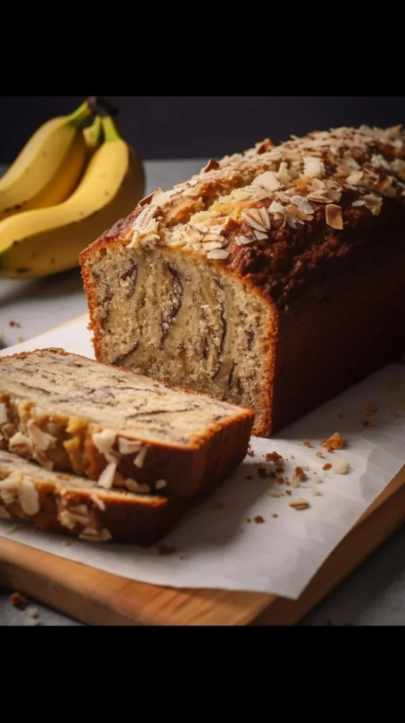 Slice of moist coconut banana bread with coconut flakes on top