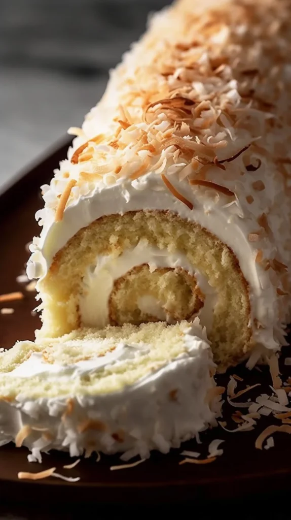 Delicious coconut cake roll sliced on a plate, showcasing its cream filling and coconut topping