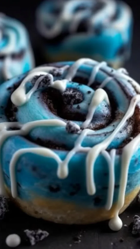 A plate of Cookie Monster Cinnamon Rolls with blue frosting and cookie pieces