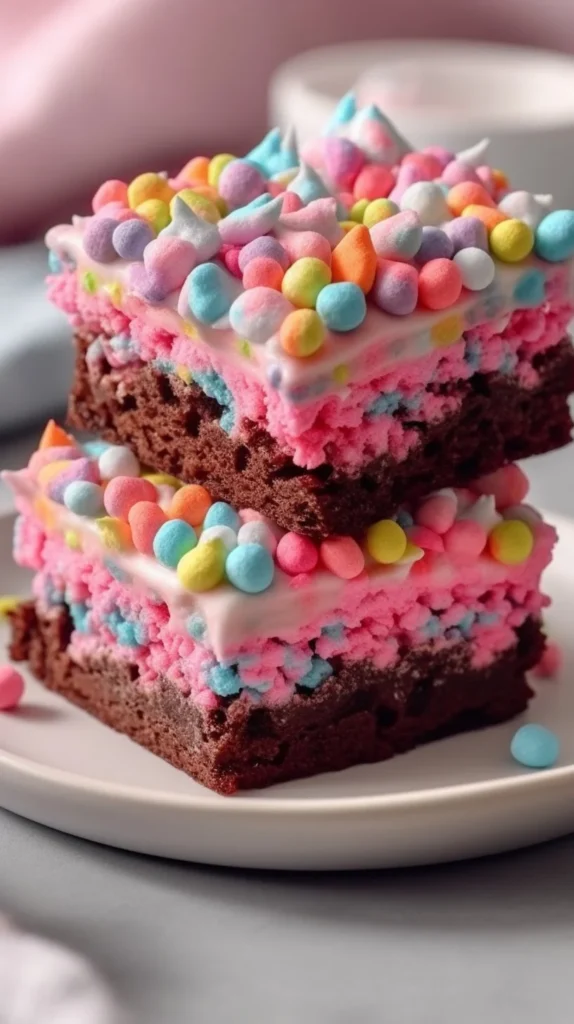 Delicious cotton candy frosted brownies ready to enjoy